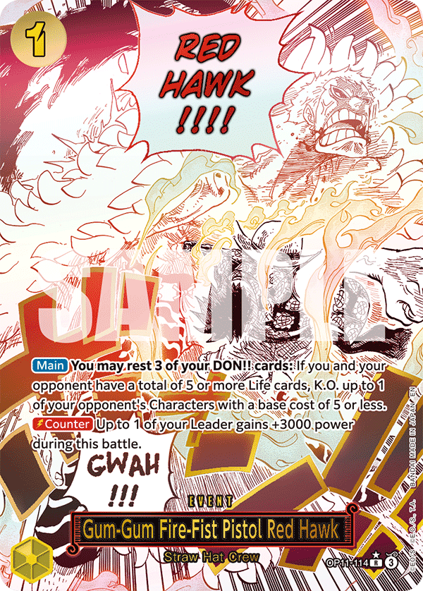 Gum-Gum Fire-Fist Pistol Red Hawk A Fist Of Divine Speed - OP-11 One Piece Card Gum-Gum Fire-Fist Pistol Red Hawk A Fist Of Divine Speed - OP-11 One Piece Card