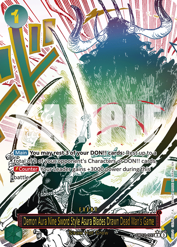 Demon Aura Nine Sword Style Asura Blades Drawn Dead Man's Game Legacy Of The Master - OP-12 One Piece Card Demon Aura Nine Sword Style Asura Blades Drawn Dead Man's Game Legacy Of The Master - OP-12 One Piece Card